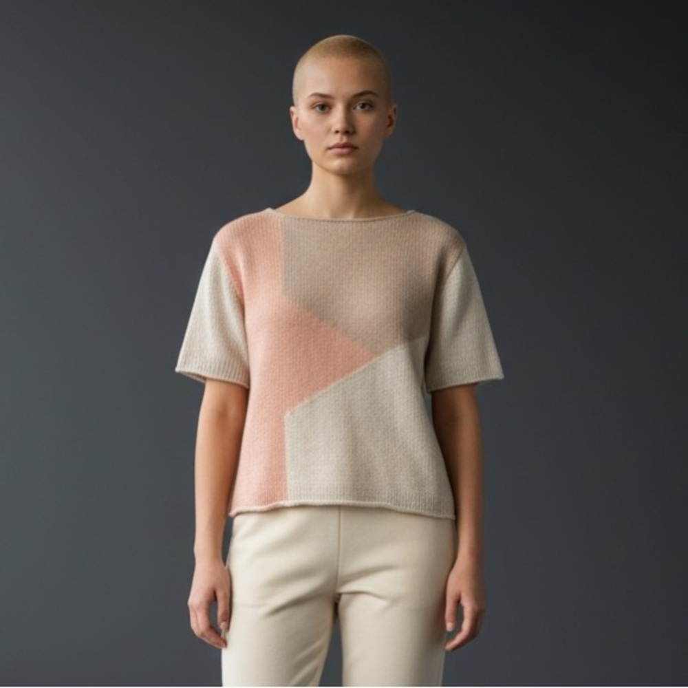 Anne Klein Knitwear Colorblock Pastel Geometric Top M/L Vintage Short Sleeve